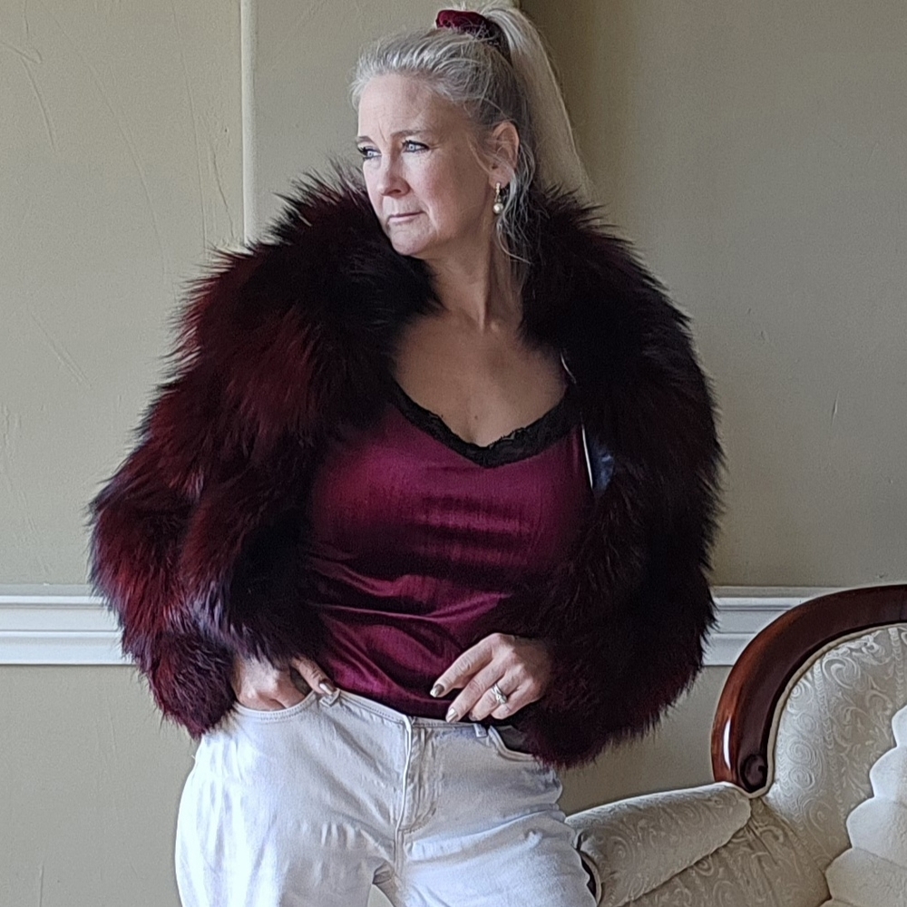 Super Plush, Wine Red Fox Fur Coat with Black Highlights Texas Aggies Colors
